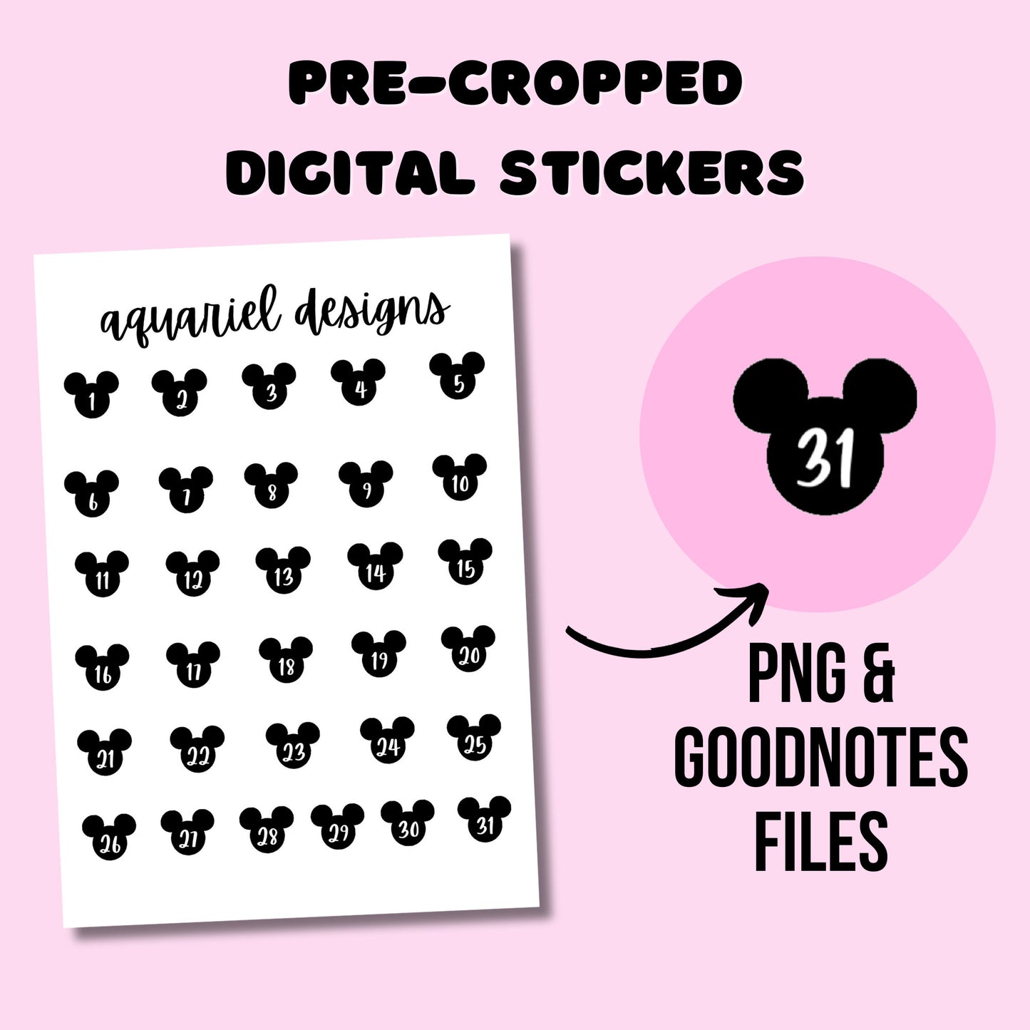 Black Mouse Head Dates Bullet Journal Digital Pre-Cropped Stickers, Mouse Ears Goodnotes PNG