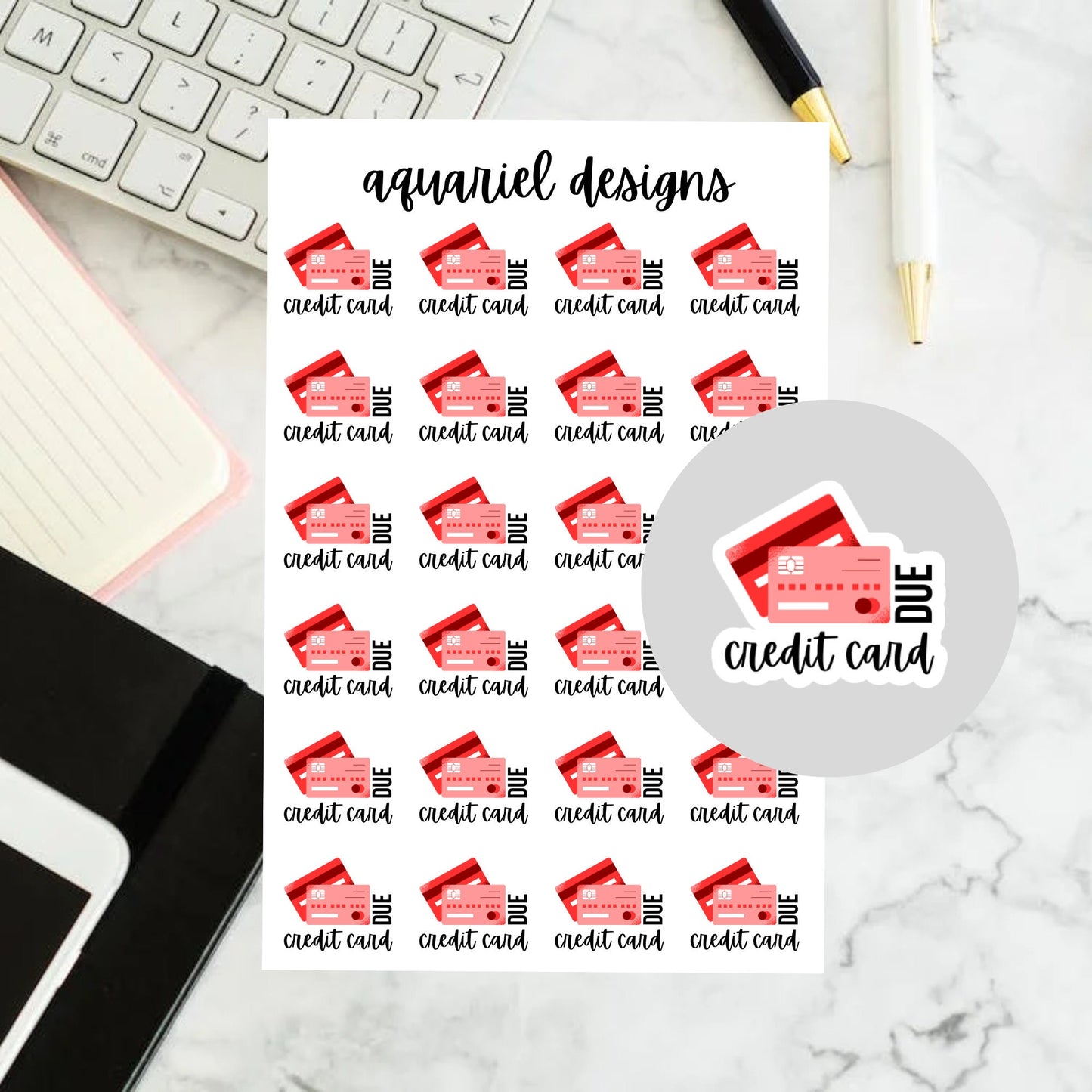 Credit Card Due Stickers | Set of 24 Green or Red Credit Card Payment Reminder Planner Stickers | Bullet Journal Stickers