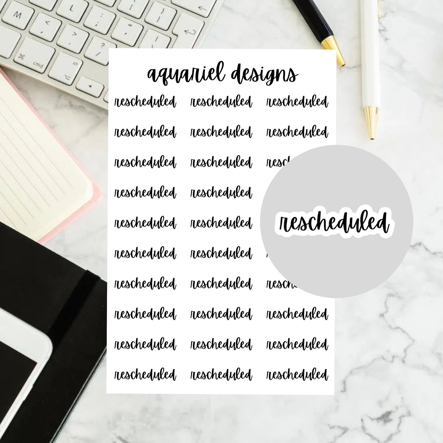 Rescheduled Stickers, 30 Rescheduled Reminder Stickers for Planners, Calendars, Bullet Journals, etc.