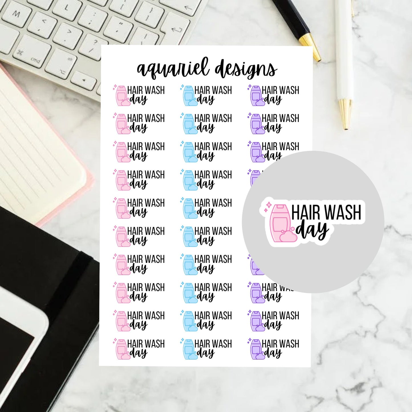 Hair Wash Day Stickers, 30 Hair Wash Day Reminder Stickers for Planners, Calendars, Bullet Journals, etc.