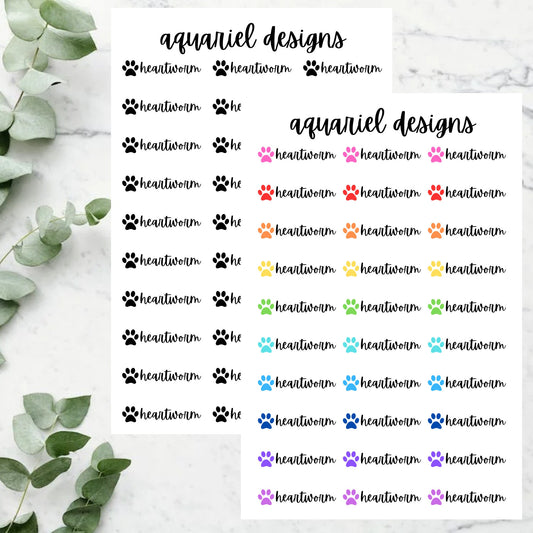 Heartworm Stickers | Set of 30 Rainbow or Black Heartworm Reminder Planner Stickers | Bullet Journal Stickers