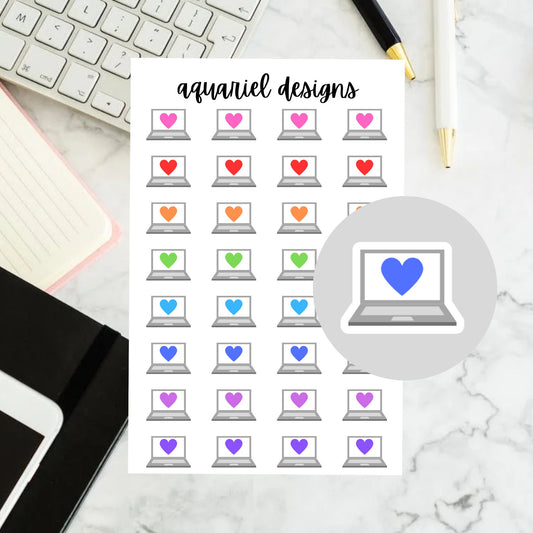 Laptop with Heart Icon Stickers for Planners, Calendars, Bullet Journals, etc.