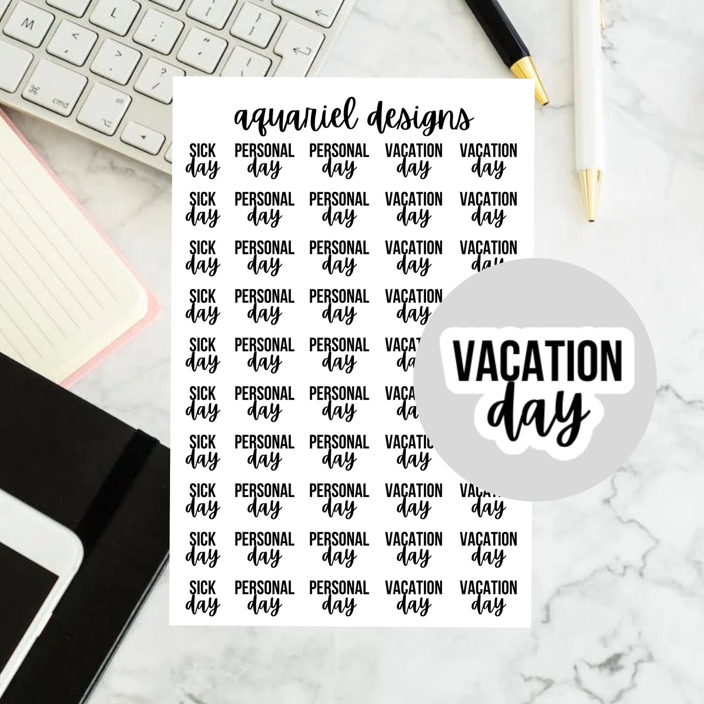 Sick Day, Personal Day, Vacation Day Planner Stickers for Planners, Calendars, Bullet Journals, etc.